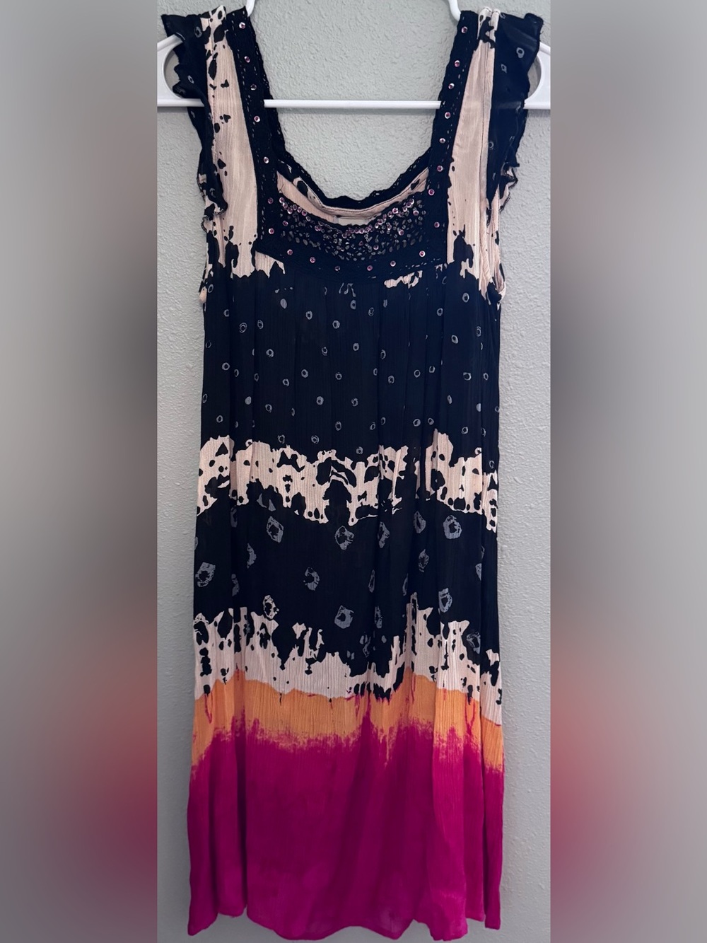 Sleeveless Midi Dress in Black, Cream, Orange & Pink with Beaded Detailing